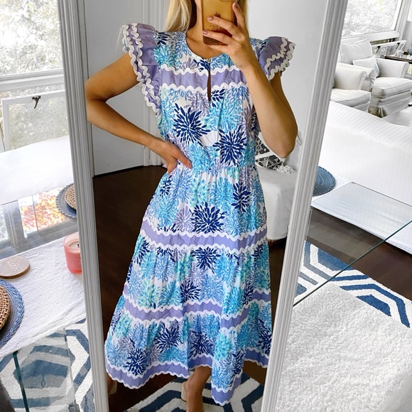 🩵 SAIL TO SABLE PURPLE BLUE WHITE RUFFLE SLEEVE RIC RACK TRIM MIDI DRESS! - Picture 5 of 14